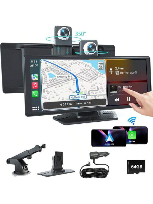 BDQ 10.26" Wireless Apple Carplay Touchscreen 2.5K +1080P Dash Cam, Portable Car Stereo GPS Navigation, Car Audio With Android Auto,Bluetooth, Airplay, Mirror Link, 64GB TF Card For All Vehicles