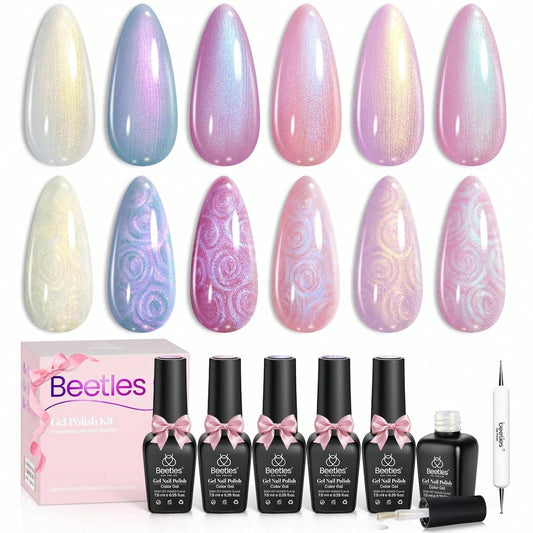 Beetles Pearl Gel Nail Polish, 6 Colors Shimmer Pearl White Pink Purple Mermaid Nail Drawing Spring Gel Polish