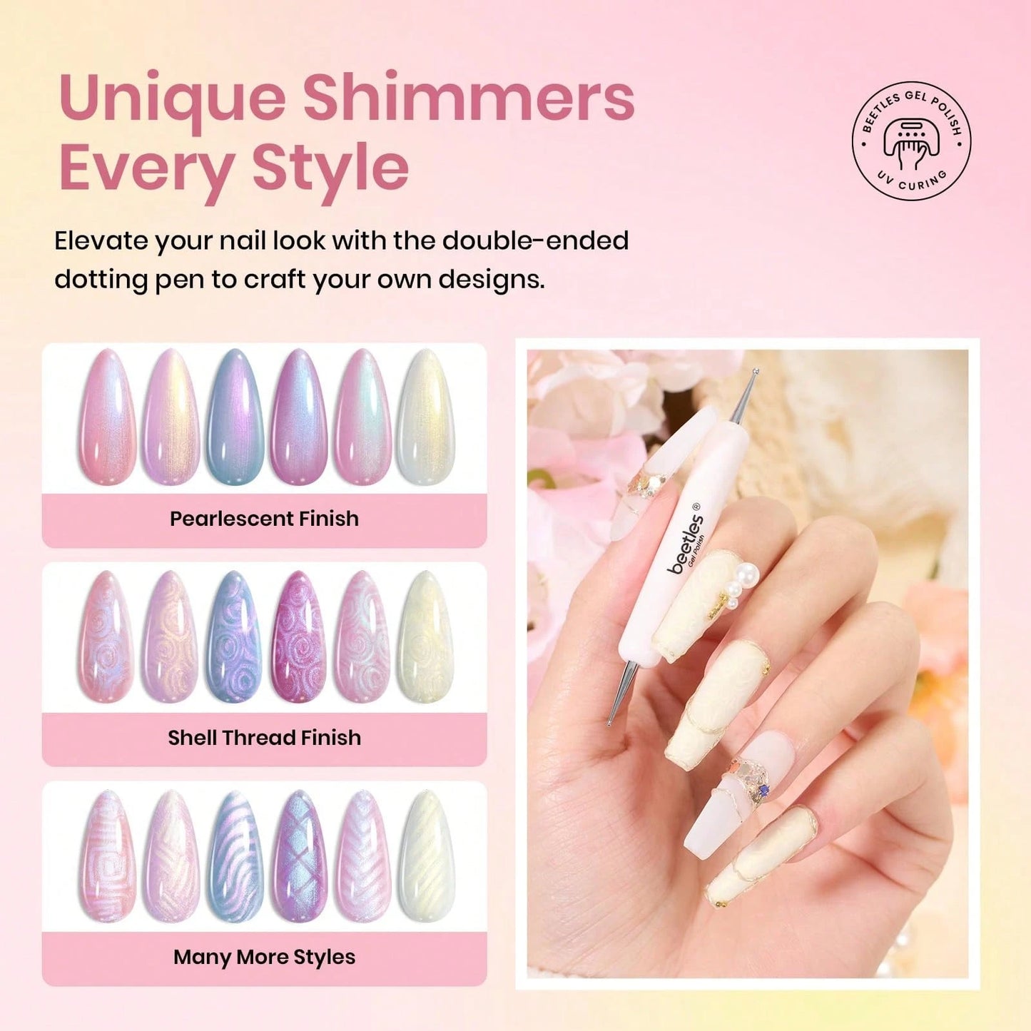 Beetles Pearl Gel Nail Polish, 6 Colors Shimmer Pearl White Pink Purple Mermaid Nail Drawing Spring Gel Polish