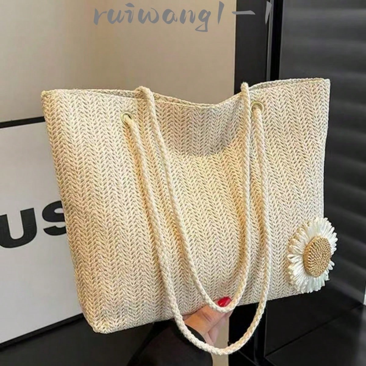 Beige Woven Handbag With Floral Decoration, Casual Style, Suitable For Office, Beach,Straw Bag