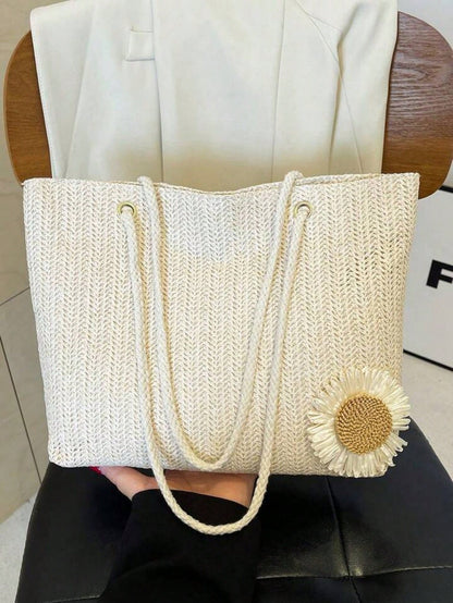 Beige Woven Handbag With Floral Decoration, Casual Style, Suitable For Office, Beach,Straw Bag