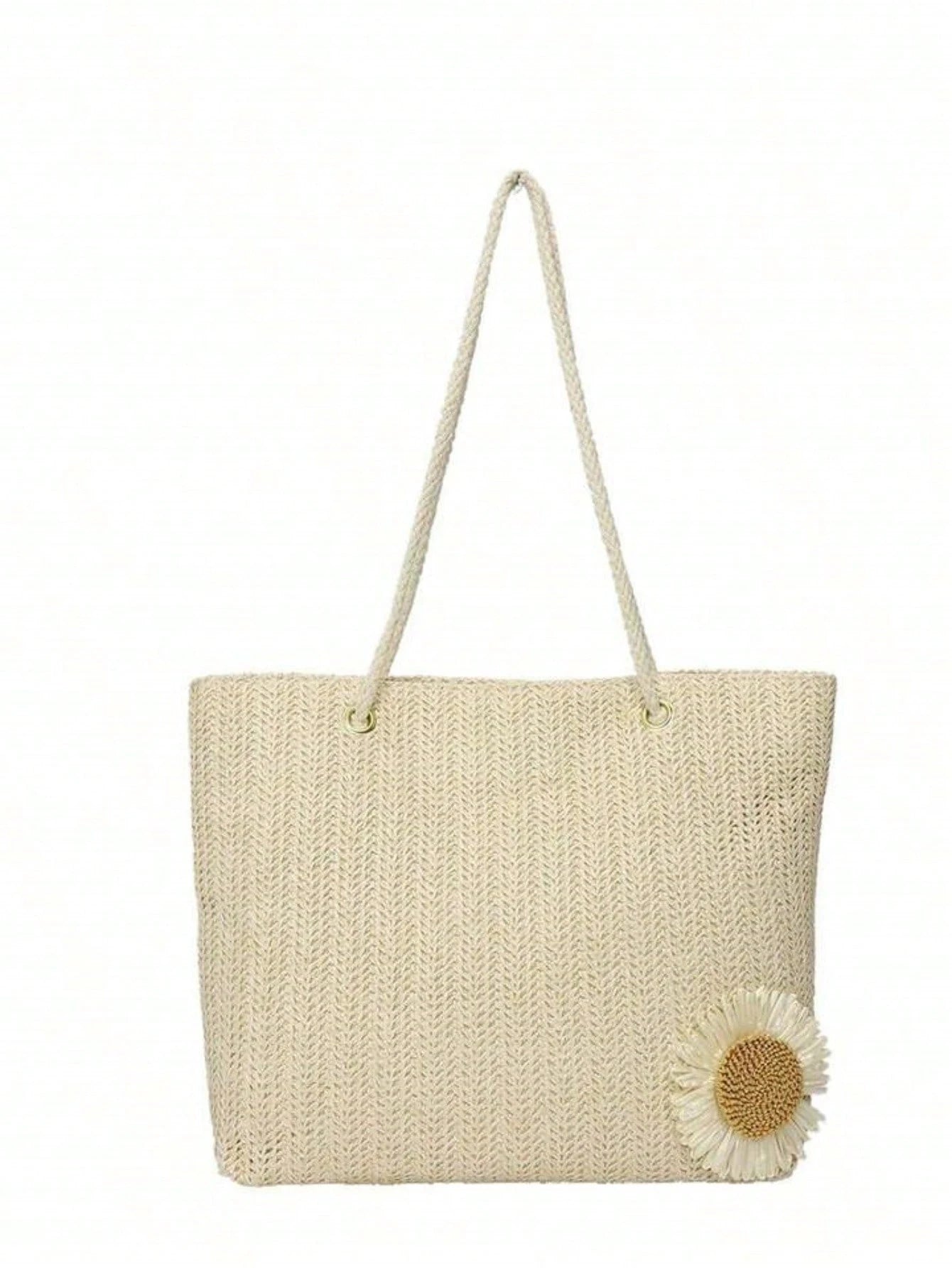 Beige Woven Handbag With Floral Decoration, Casual Style, Suitable For Office, Beach,Straw Bag