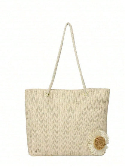 Beige Woven Handbag With Floral Decoration, Casual Style, Suitable For Office, Beach,Straw Bag