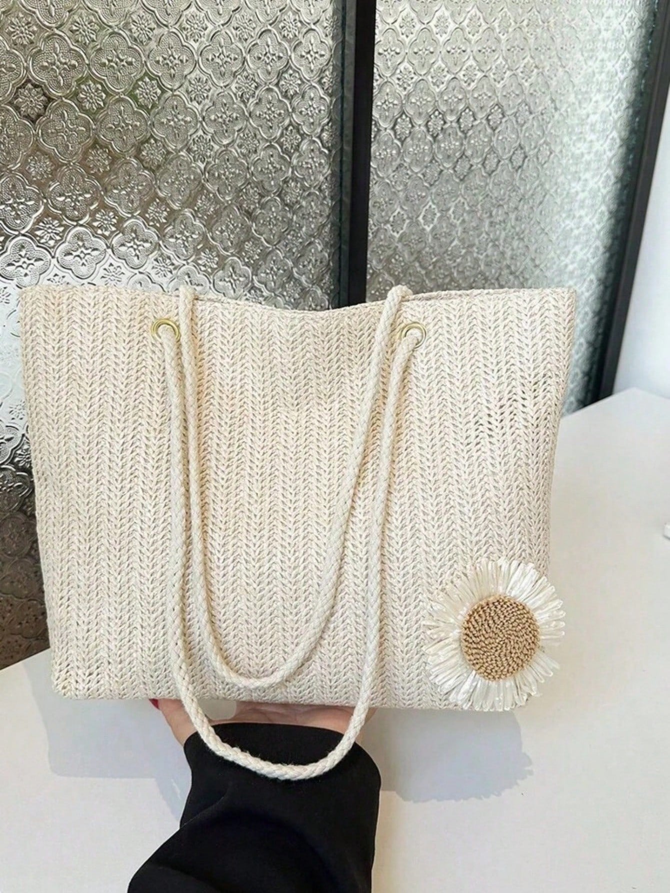 Beige Woven Handbag With Floral Decoration, Casual Style, Suitable For Office, Beach,Straw Bag