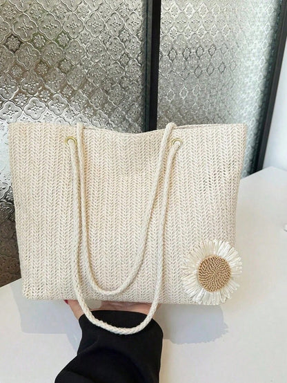 Beige Woven Handbag With Floral Decoration, Casual Style, Suitable For Office, Beach,Straw Bag