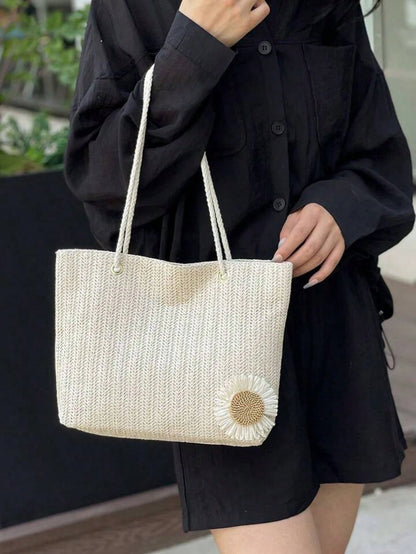 Beige Woven Handbag With Floral Decoration, Casual Style, Suitable For Office, Beach,Straw Bag