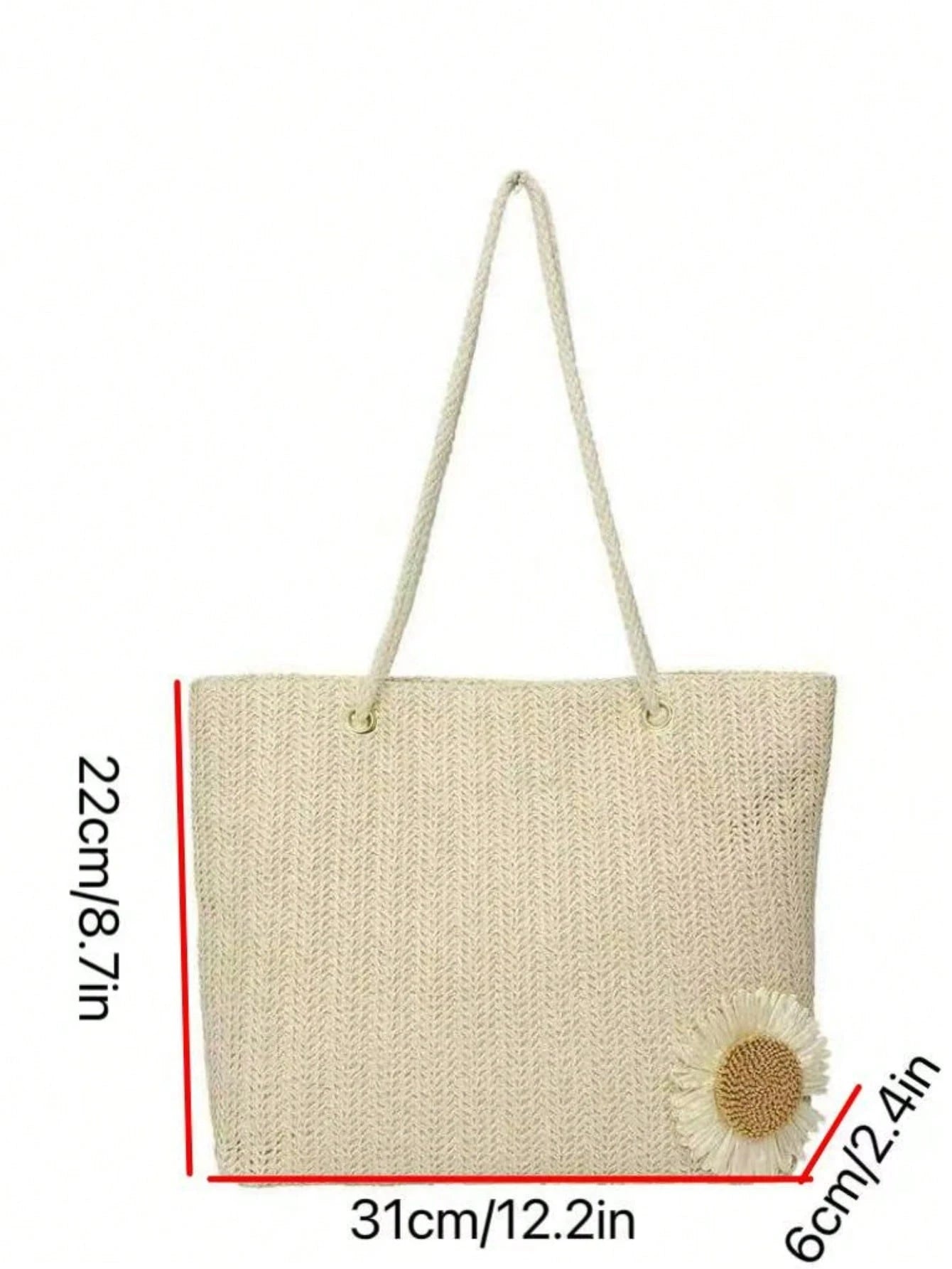 Beige Woven Handbag With Floral Decoration, Casual Style, Suitable For Office, Beach,Straw Bag