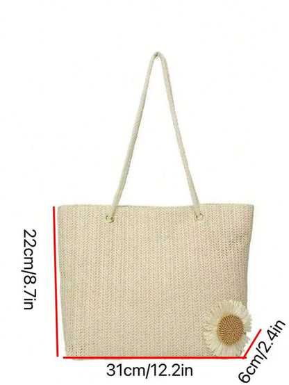 Beige Woven Handbag With Floral Decoration, Casual Style, Suitable For Office, Beach,Straw Bag