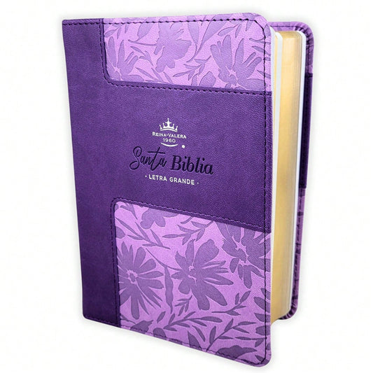 Biblia Portatil Para Mujer Letra Grande 12 Puntos RV1960, Imit Piel Lila Floral