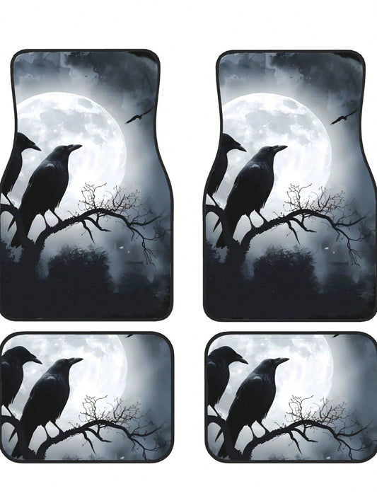 Black Crows Under Full Moon 4-Piece Custom Printed All-Weather Floor Mats- Universal Fit For Suv, Truck, Van| Easy Clean