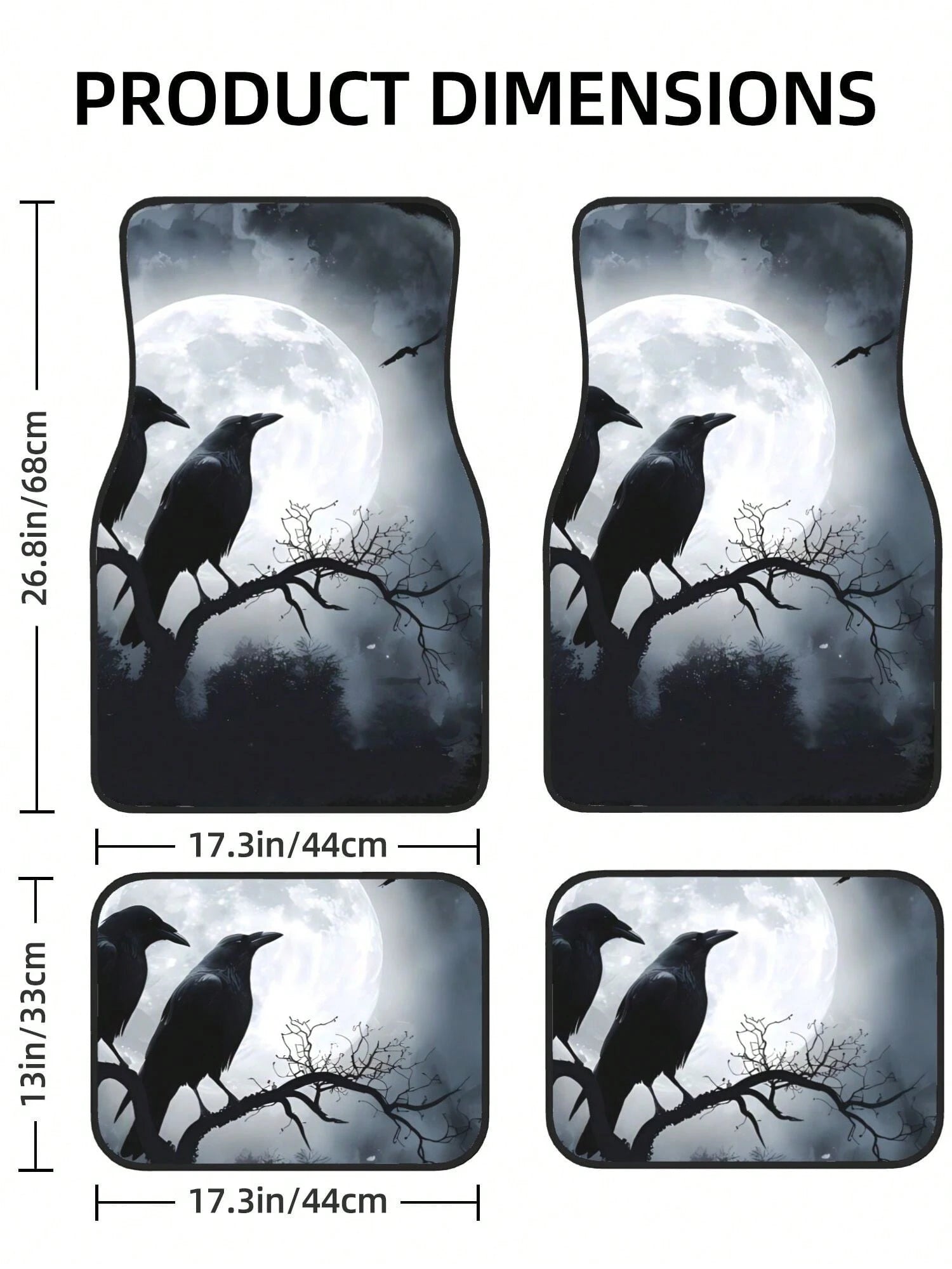 Black Crows Under Full Moon 4-Piece Custom Printed All-Weather Floor Mats- Universal Fit For Suv, Truck, Van| Easy Clean