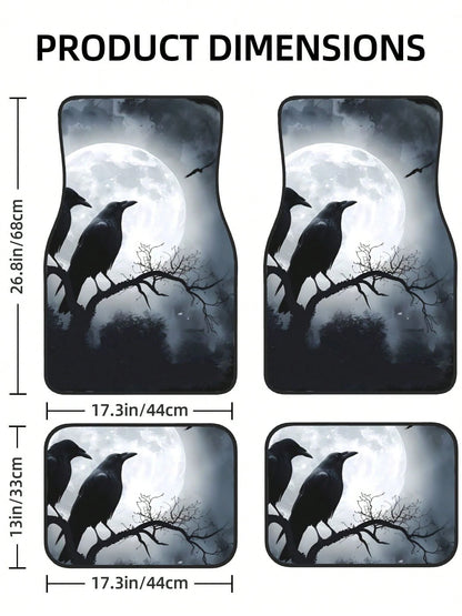 Black Crows Under Full Moon 4-Piece Custom Printed All-Weather Floor Mats- Universal Fit For Suv, Truck, Van| Easy Clean