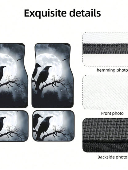 Black Crows Under Full Moon 4-Piece Custom Printed All-Weather Floor Mats- Universal Fit For Suv, Truck, Van| Easy Clean