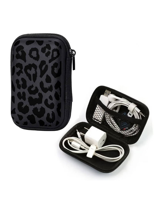 Black Leopard Print EVA Hard Shell 4.3 Inch Compact Storage Box- Travel Protective Storage Bag, Suitable For Electronic Accessories, Earphones, Hard Drives And Data Cables; Shockproof Zipper Pouch (S