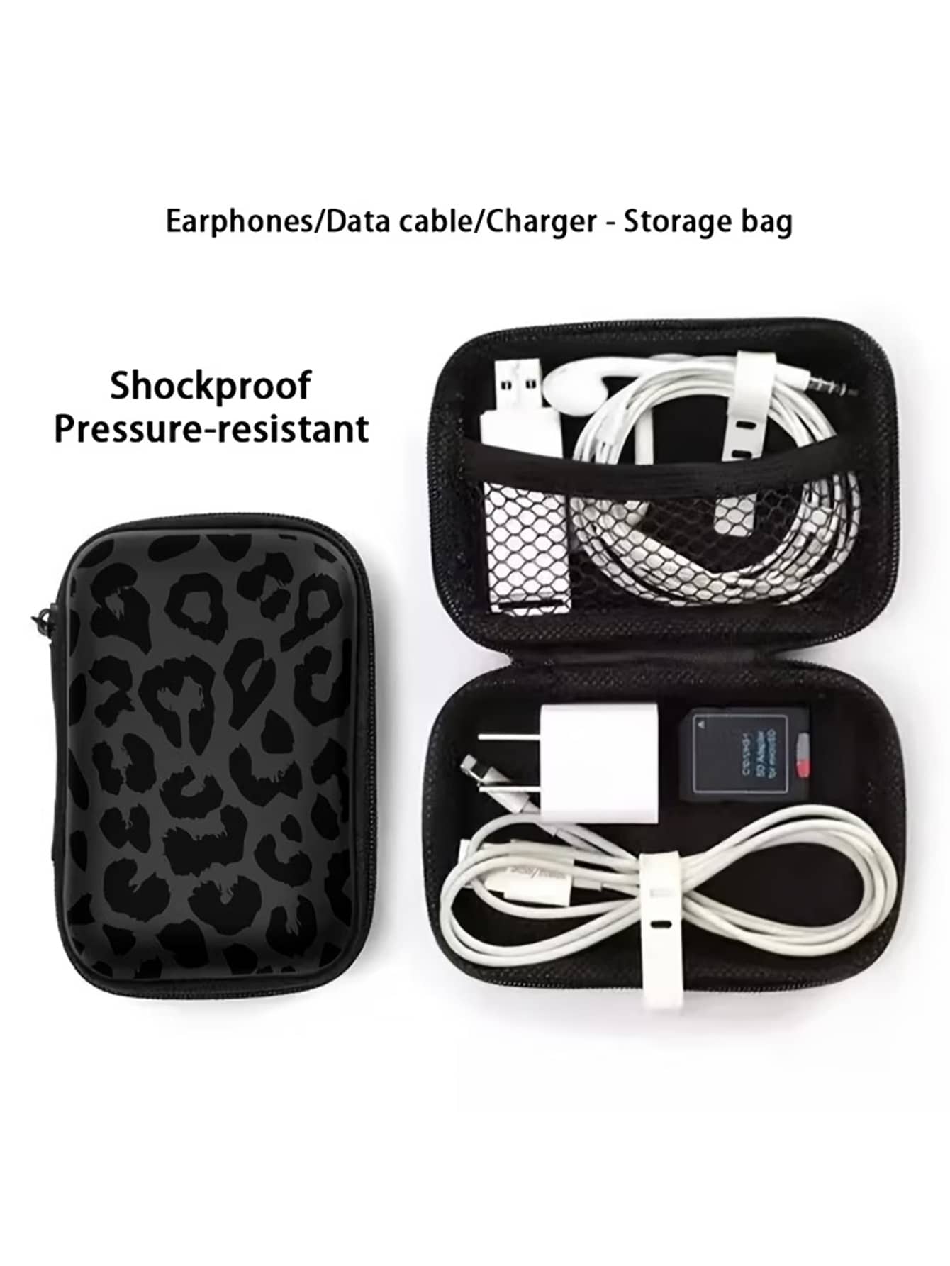 Black Leopard Print EVA Hard Shell 4.3 Inch Compact Storage Box- Travel Protective Storage Bag, Suitable For Electronic Accessories, Earphones, Hard Drives And Data Cables; Shockproof Zipper Pouch (S