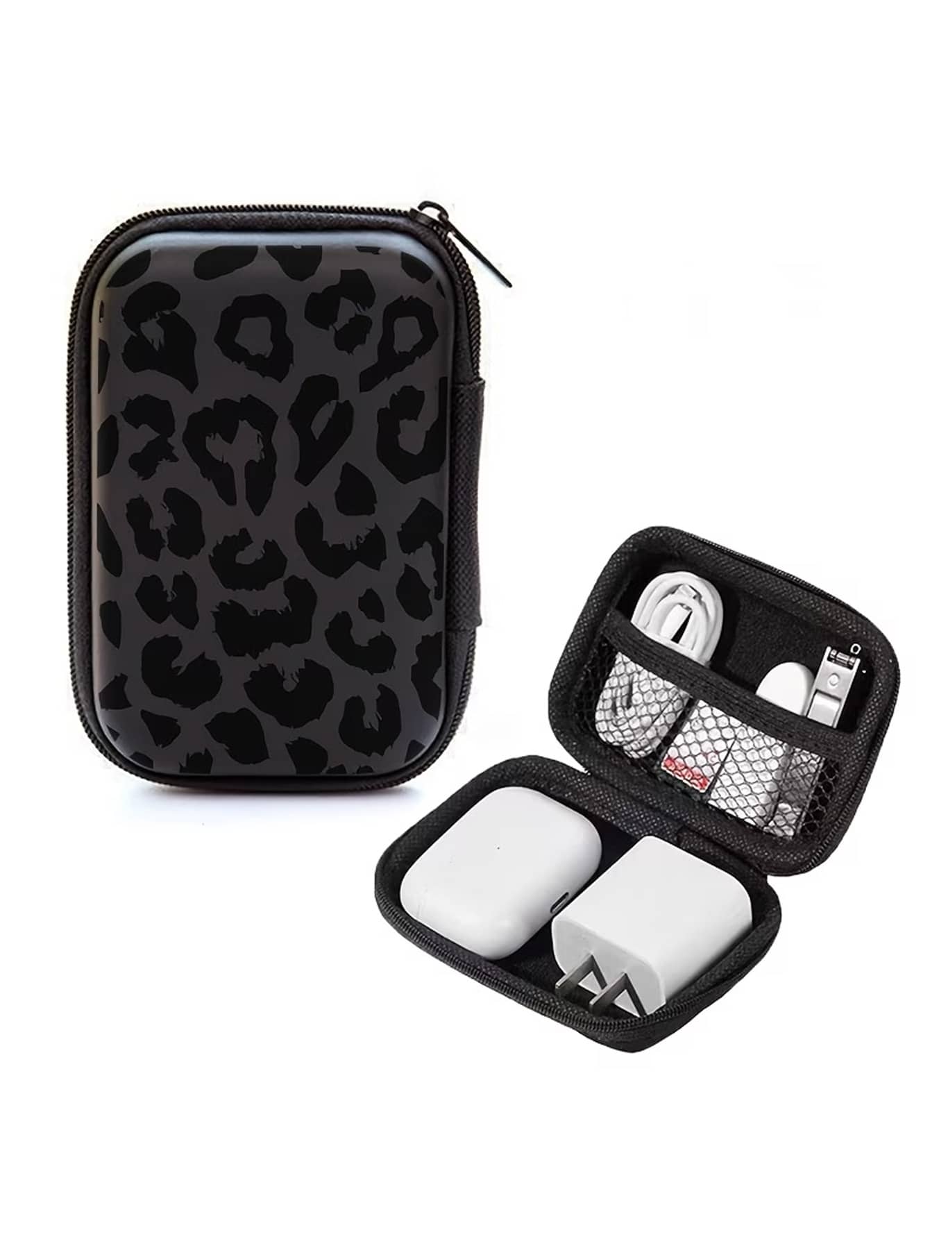 Black Leopard Print EVA Hard Shell 4.3 Inch Compact Storage Box- Travel Protective Storage Bag, Suitable For Electronic Accessories, Earphones, Hard Drives And Data Cables; Shockproof Zipper Pouch (S