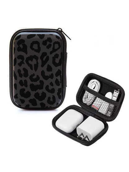 Black Leopard Print EVA Hard Shell 4.3 Inch Compact Storage Box- Travel Protective Storage Bag, Suitable For Electronic Accessories, Earphones, Hard Drives And Data Cables; Shockproof Zipper Pouch (S