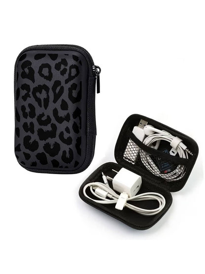 Black Leopard Print EVA Hard Shell 4.3 Inch Compact Storage Box- Travel Protective Storage Bag, Suitable For Electronic Accessories, Earphones, Hard Drives And Data Cables; Shockproof Zipper Pouch (S