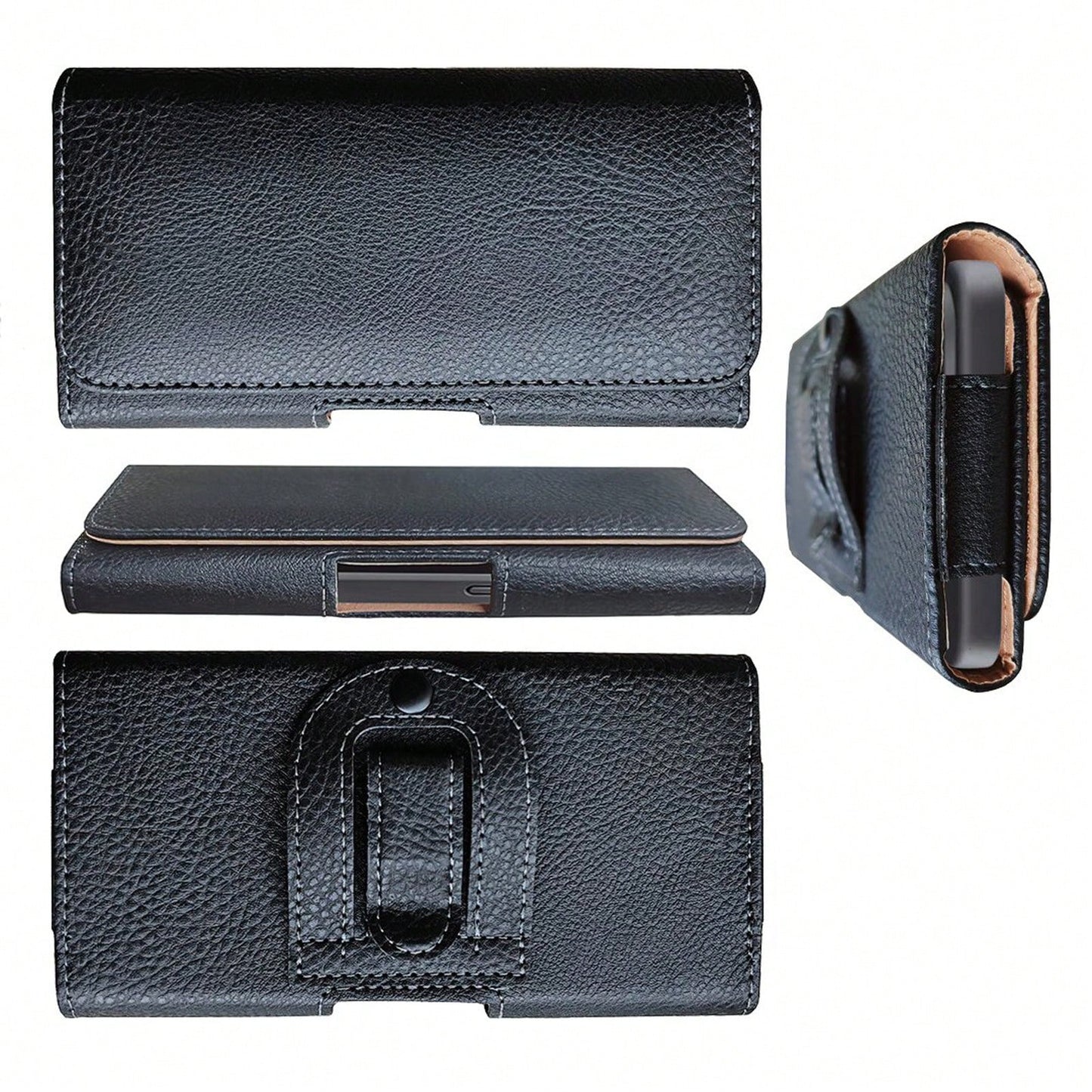 Black Litchi Textured Horizontal Flip Cover Belt Waist Phone Pouch Waist Bag For Men