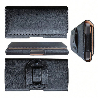 Black Litchi Textured Horizontal Flip Cover Belt Waist Phone Pouch Waist Bag For Men