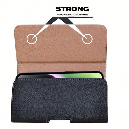 Black Litchi Textured Horizontal Flip Cover Belt Waist Phone Pouch Waist Bag For Men