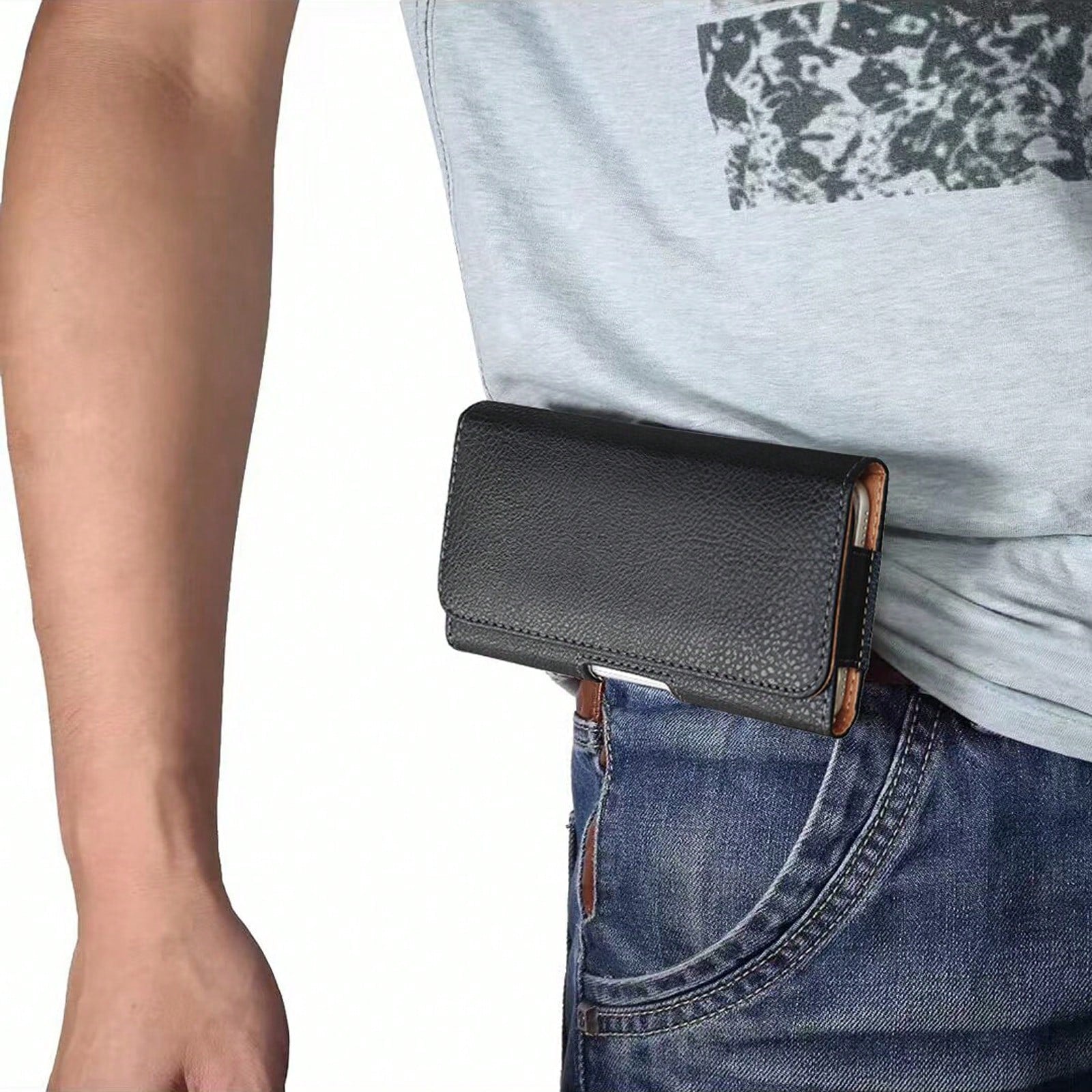 Black Litchi Textured Horizontal Flip Cover Belt Waist Phone Pouch Waist Bag For Men