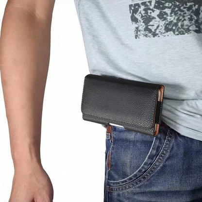 Black Litchi Textured Horizontal Flip Cover Belt Waist Phone Pouch Waist Bag For Men