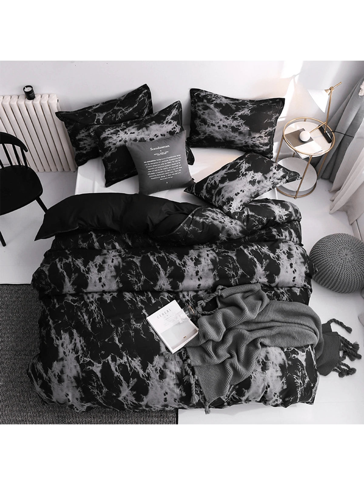 Black Marble Pattern Quilt Cover Set With Pillowcase (3pcs)- Duvet Cover Set