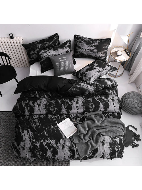 Black Marble Pattern Quilt Cover Set With Pillowcase (3pcs)- Duvet Cover Set