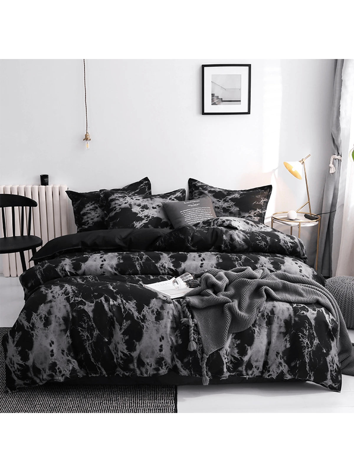 Black Marble Pattern Quilt Cover Set With Pillowcase (3pcs)- Duvet Cover Set