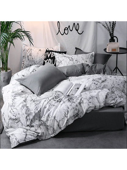 Black Marble Pattern Quilt Cover Set With Pillowcase (3pcs)- Duvet Cover Set