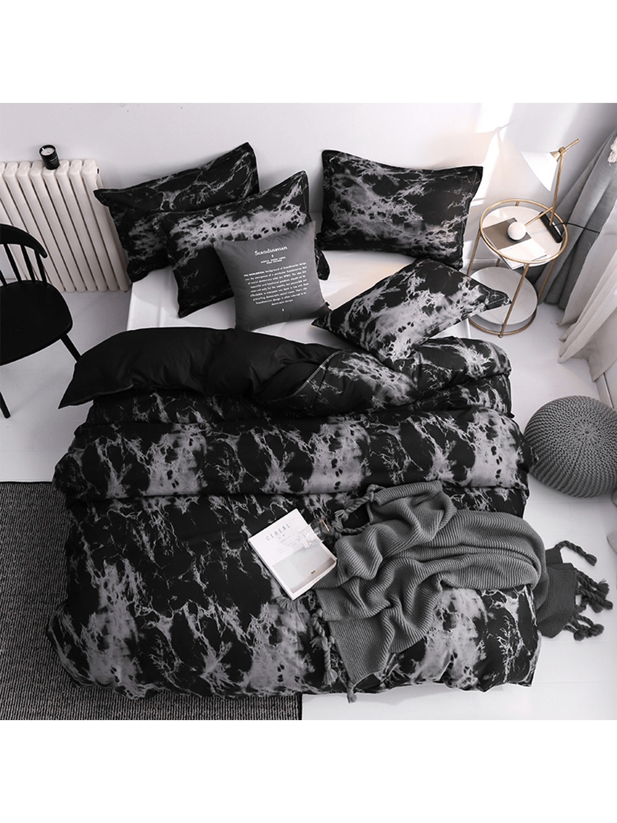 Black Marble Pattern Quilt Cover Set With Pillowcase (3pcs)- Duvet Cover Set