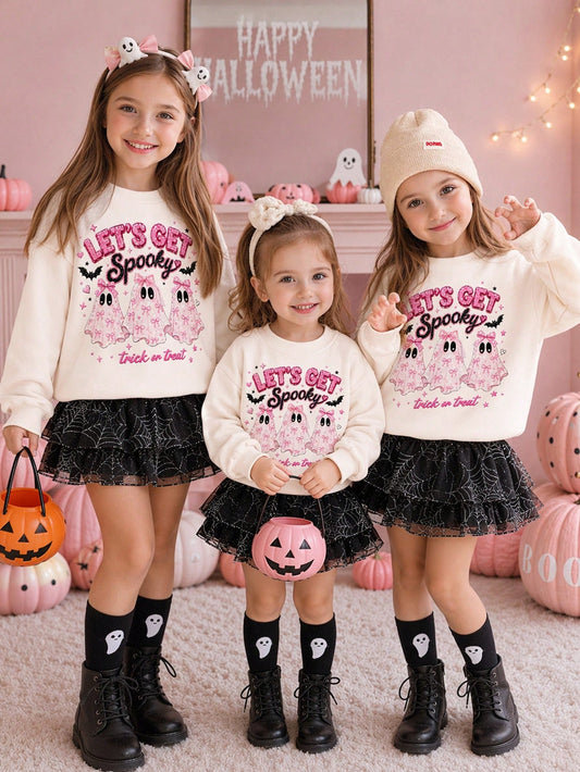Black & Pink Sweet Cute Halloween Bow & Little Ghost Glitter Pattern, Baby Girl Casual Soft Comfortable Loose Crew Neck Sweatshirt Suitable For Autumn/Winter Daily, Halloween, Family Party, Let's Get