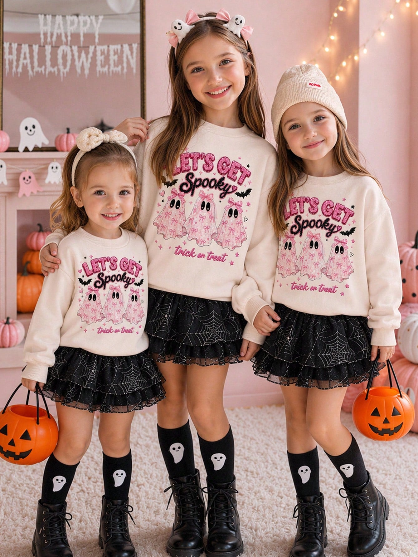 Black & Pink Sweet Cute Halloween Bow & Little Ghost Glitter Pattern, Baby Girl Casual Soft Comfortable Loose Crew Neck Sweatshirt Suitable For Autumn/Winter Daily, Halloween, Family Party, Let's Get