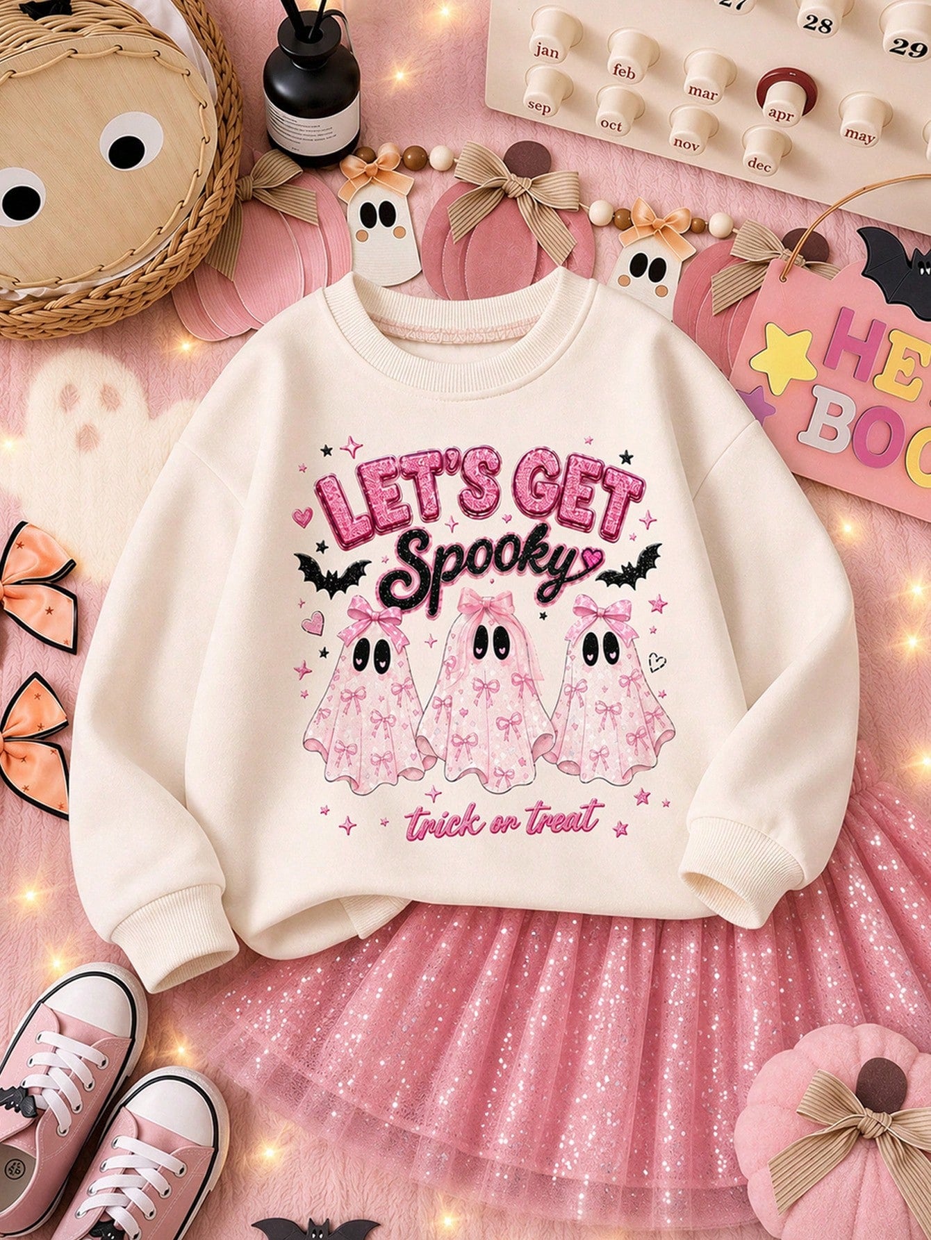 Black & Pink Sweet Cute Halloween Bow & Little Ghost Glitter Pattern, Baby Girl Casual Soft Comfortable Loose Crew Neck Sweatshirt Suitable For Autumn/Winter Daily, Halloween, Family Party, Let's Get