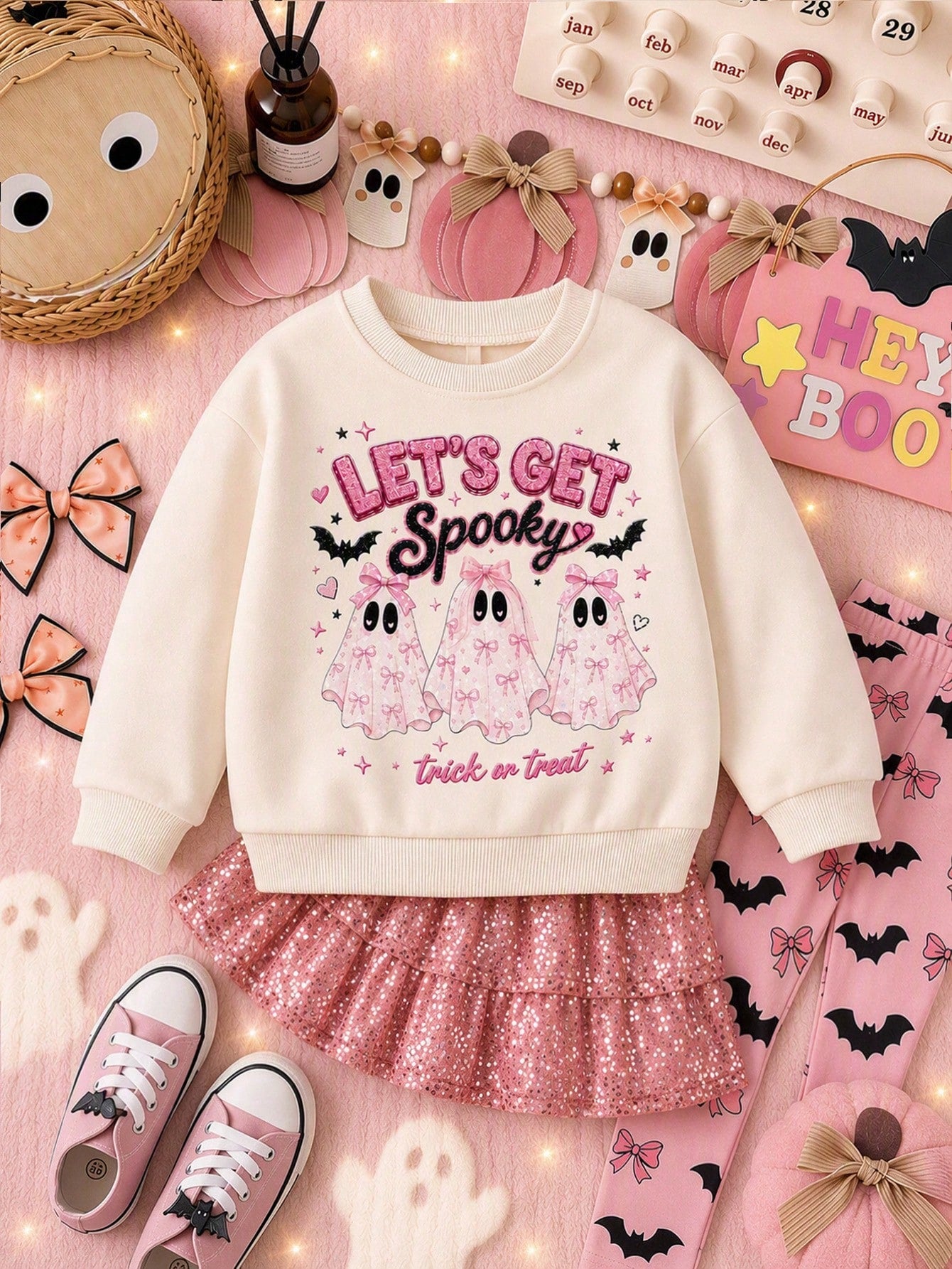 Black & Pink Sweet Cute Halloween Bow & Little Ghost Glitter Pattern, Baby Girl Casual Soft Comfortable Loose Crew Neck Sweatshirt Suitable For Autumn/Winter Daily, Halloween, Family Party, Let's Get