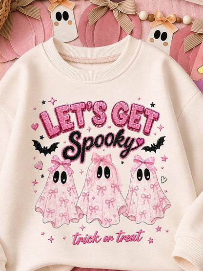 Black & Pink Sweet Cute Halloween Bow & Little Ghost Glitter Pattern, Baby Girl Casual Soft Comfortable Loose Crew Neck Sweatshirt Suitable For Autumn/Winter Daily, Halloween, Family Party, Let's Get