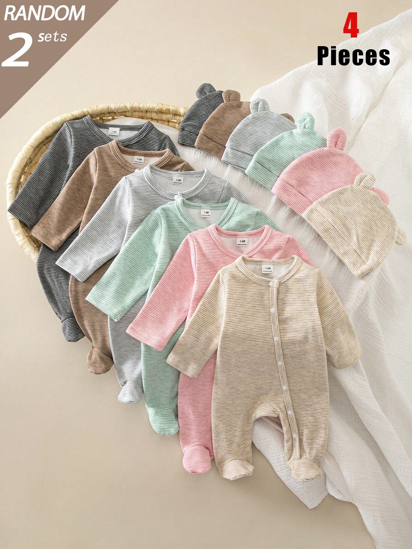 Blind Box 6-Piece 2-Set Autumn/Winter Thin Short Plush Newborn Baby Boy/Girl Knit Round Neck Long Sleeve Footed Romper With 3D Ear Hat, Multi-Color Skin-Friendly Soft Vintage Fine Striped Pajama