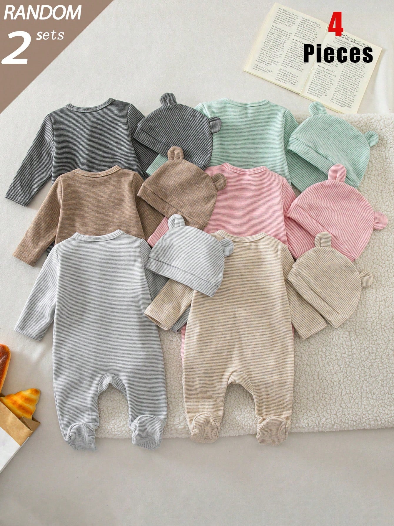 Blind Box 6-Piece 2-Set Autumn/Winter Thin Short Plush Newborn Baby Boy/Girl Knit Round Neck Long Sleeve Footed Romper With 3D Ear Hat, Multi-Color Skin-Friendly Soft Vintage Fine Striped Pajama