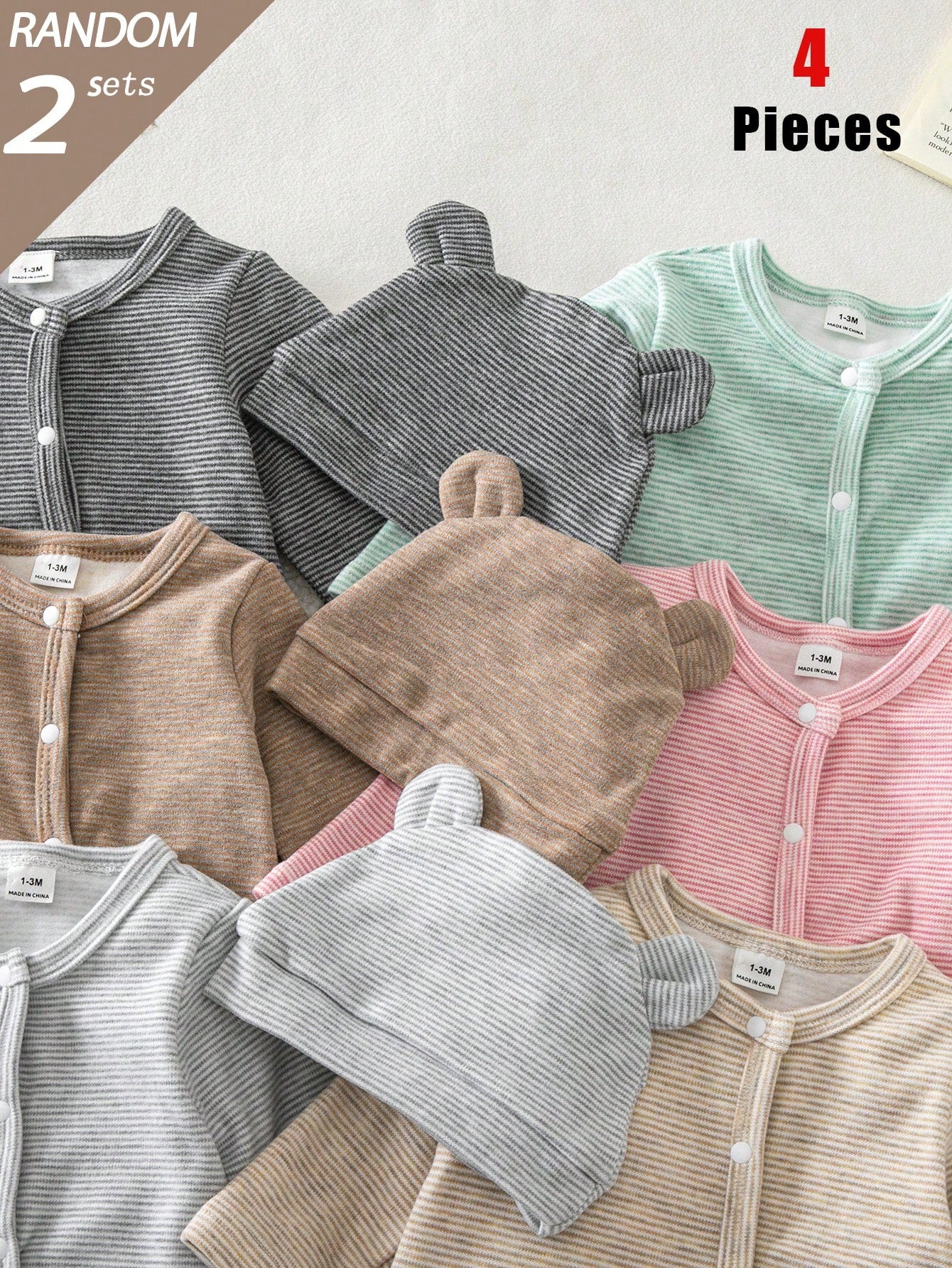 Blind Box 6-Piece 2-Set Autumn/Winter Thin Short Plush Newborn Baby Boy/Girl Knit Round Neck Long Sleeve Footed Romper With 3D Ear Hat, Multi-Color Skin-Friendly Soft Vintage Fine Striped Pajama