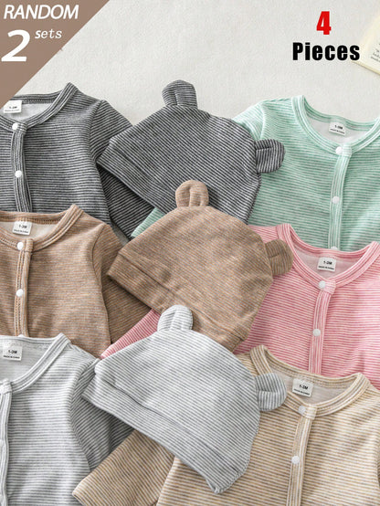 Blind Box 6-Piece 2-Set Autumn/Winter Thin Short Plush Newborn Baby Boy/Girl Knit Round Neck Long Sleeve Footed Romper With 3D Ear Hat, Multi-Color Skin-Friendly Soft Vintage Fine Striped Pajama