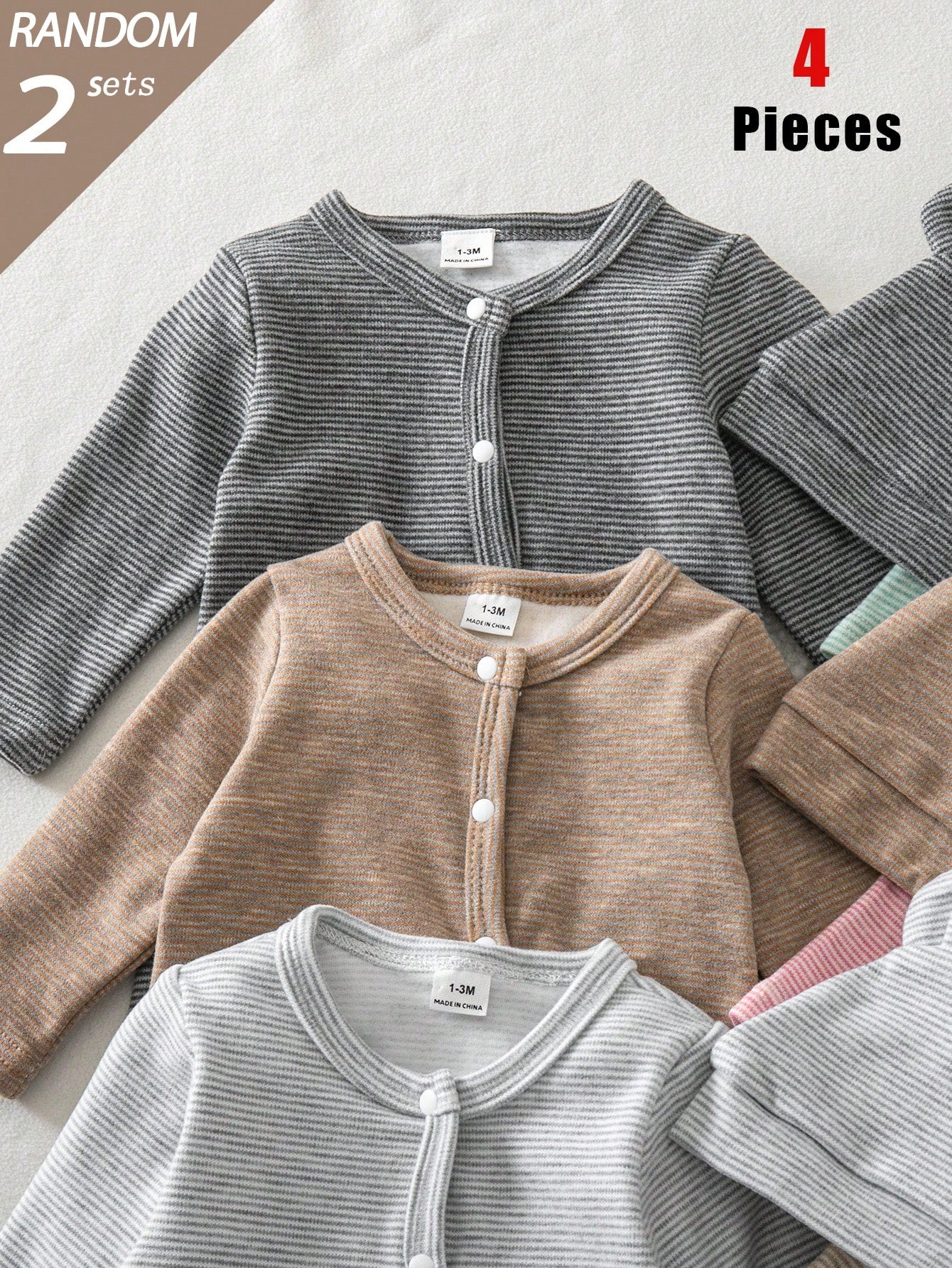 Blind Box 6-Piece 2-Set Autumn/Winter Thin Short Plush Newborn Baby Boy/Girl Knit Round Neck Long Sleeve Footed Romper With 3D Ear Hat, Multi-Color Skin-Friendly Soft Vintage Fine Striped Pajama