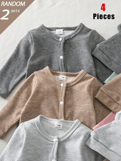 Blind Box 6-Piece 2-Set Autumn/Winter Thin Short Plush Newborn Baby Boy/Girl Knit Round Neck Long Sleeve Footed Romper With 3D Ear Hat, Multi-Color Skin-Friendly Soft Vintage Fine Striped Pajama
