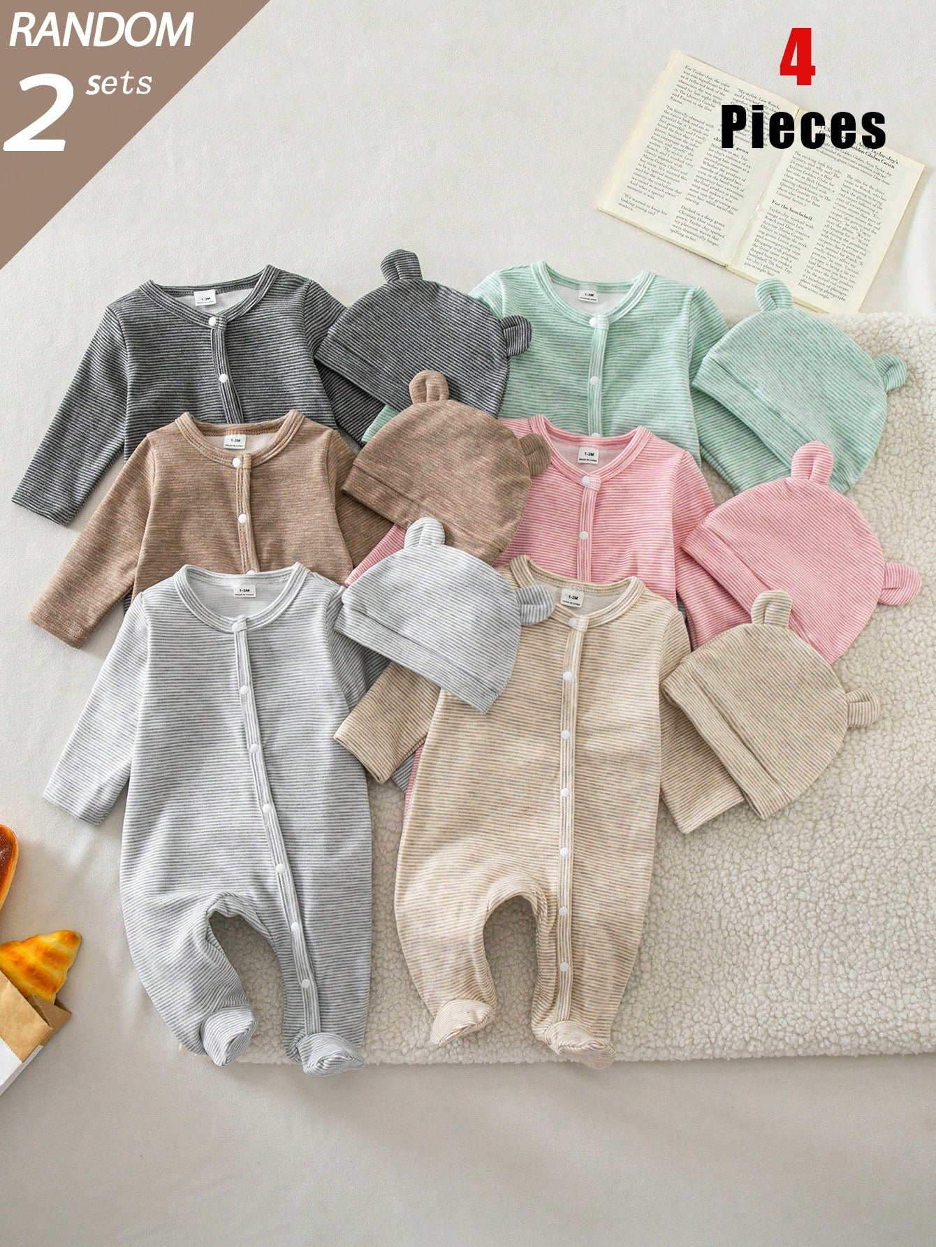 Blind Box 6-Piece 2-Set Autumn/Winter Thin Short Plush Newborn Baby Boy/Girl Knit Round Neck Long Sleeve Footed Romper With 3D Ear Hat, Multi-Color Skin-Friendly Soft Vintage Fine Striped Pajama