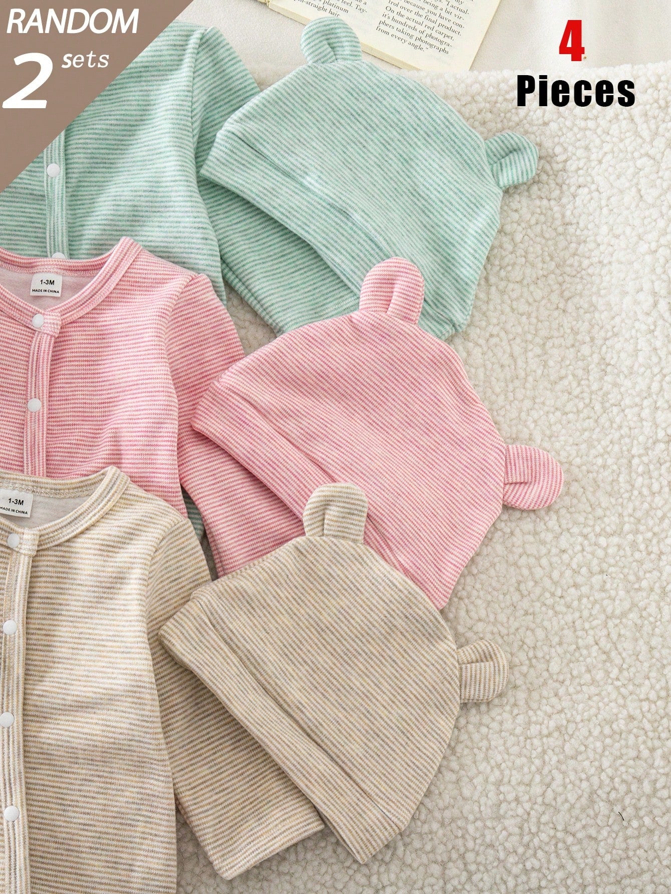 Blind Box 6-Piece 2-Set Autumn/Winter Thin Short Plush Newborn Baby Boy/Girl Knit Round Neck Long Sleeve Footed Romper With 3D Ear Hat, Multi-Color Skin-Friendly Soft Vintage Fine Striped Pajama