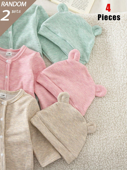 Blind Box 6-Piece 2-Set Autumn/Winter Thin Short Plush Newborn Baby Boy/Girl Knit Round Neck Long Sleeve Footed Romper With 3D Ear Hat, Multi-Color Skin-Friendly Soft Vintage Fine Striped Pajama