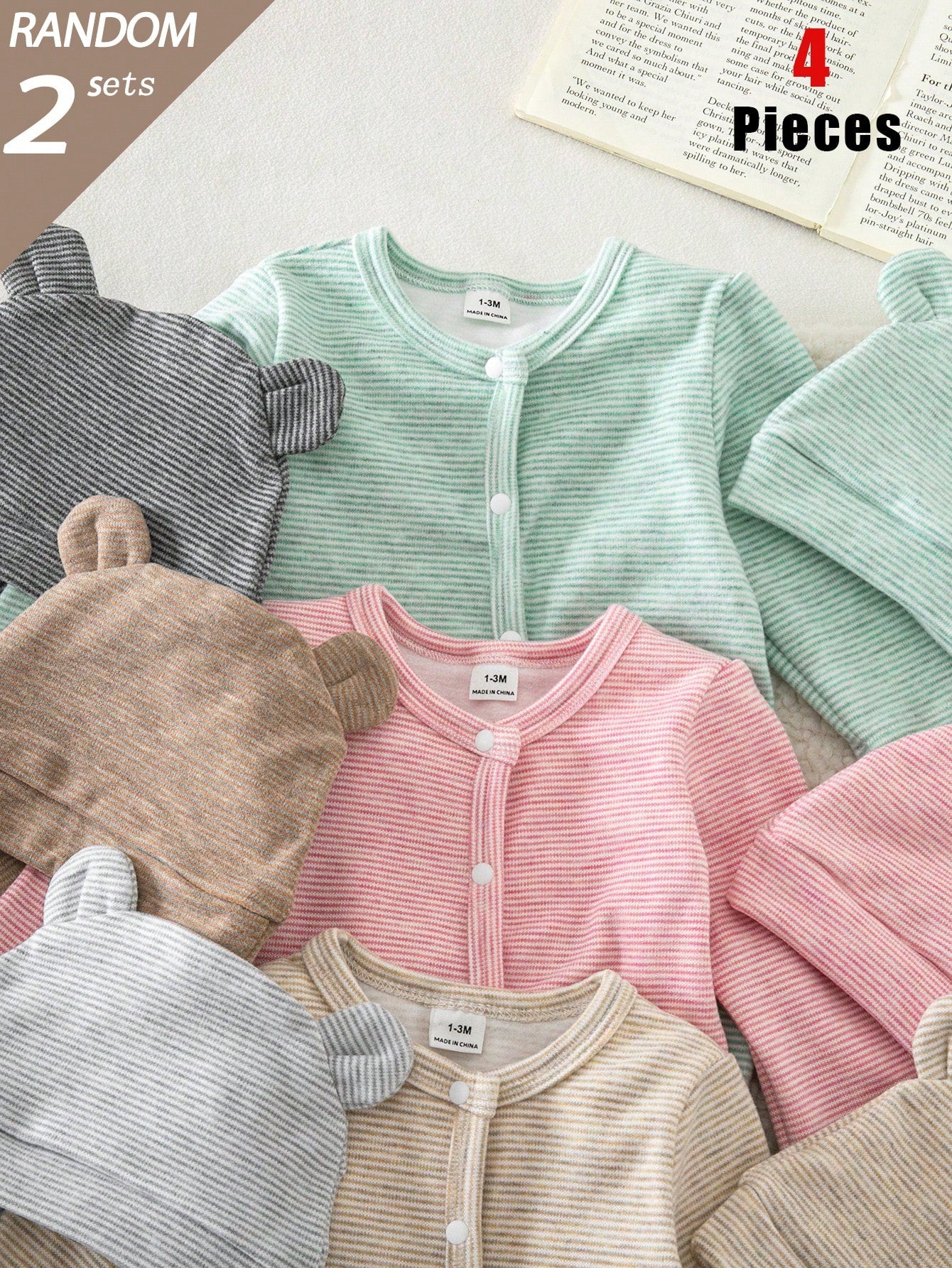 Blind Box 6-Piece 2-Set Autumn/Winter Thin Short Plush Newborn Baby Boy/Girl Knit Round Neck Long Sleeve Footed Romper With 3D Ear Hat, Multi-Color Skin-Friendly Soft Vintage Fine Striped Pajama