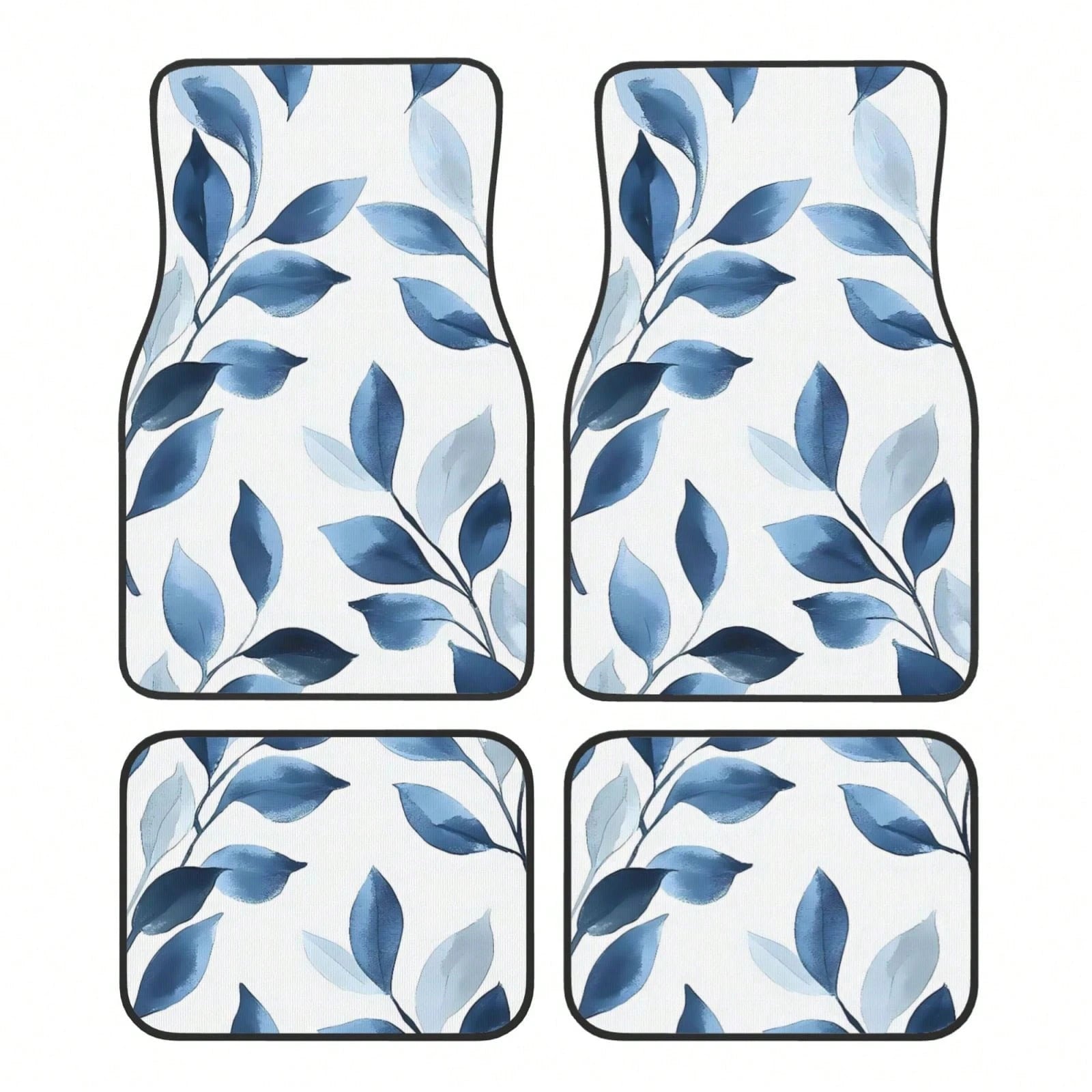 Blue Leaf Boho Floral Navy White 4-Piece Set Of Car Floor Mats,Suitable For Carpets Of Various Vehicle Models,Auto Accessories For Truck Sedan