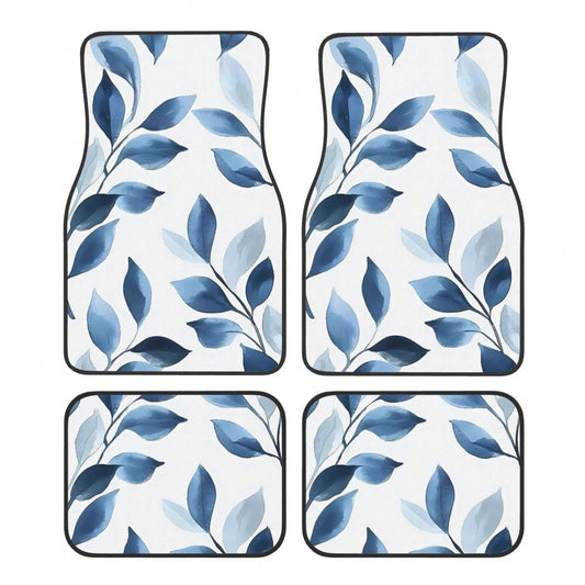 Blue Leaf Boho Floral Navy White 4-Piece Set Of Car Floor Mats,Suitable For Carpets Of Various Vehicle Models,Auto Accessories For Truck Sedan
