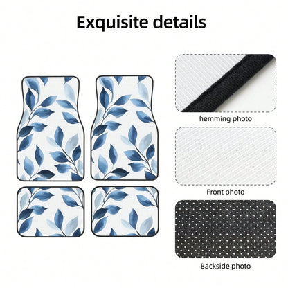 Blue Leaf Boho Floral Navy White 4-Piece Set Of Car Floor Mats,Suitable For Carpets Of Various Vehicle Models,Auto Accessories For Truck Sedan